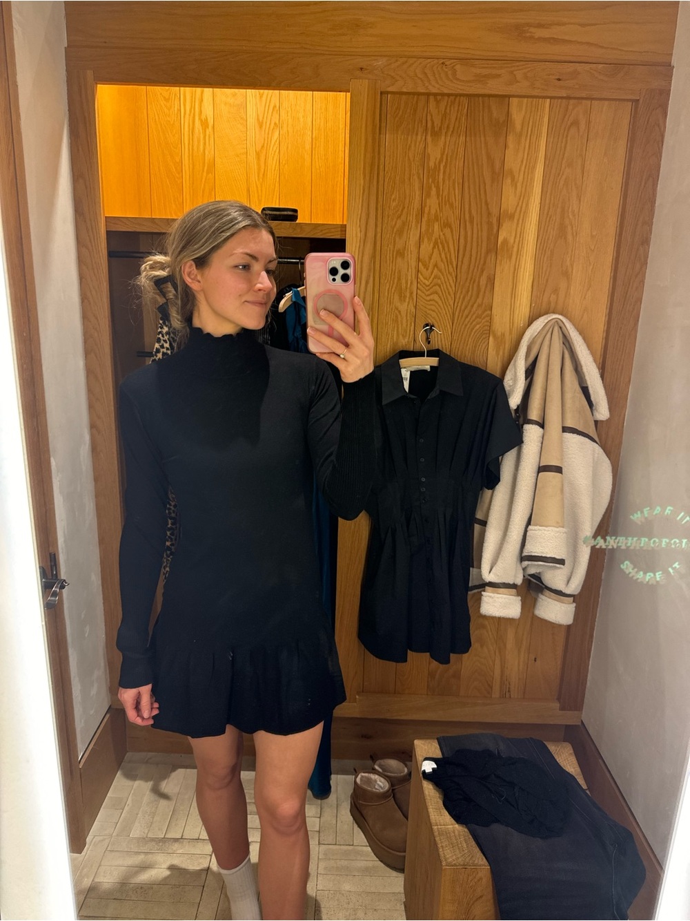 sundays (Anthropologie) Black Long Sleeve Knit Dress with Ruffle Hem